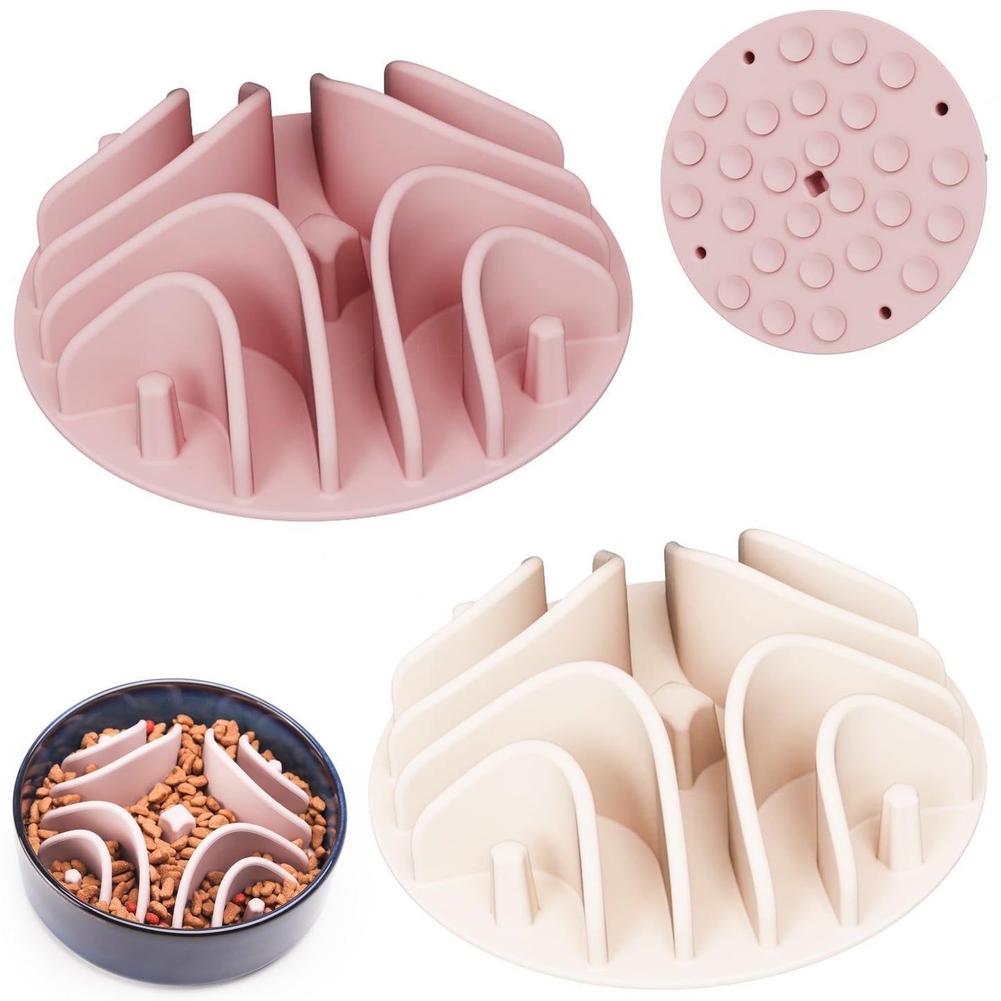 Nopisen 2 Pcs Slow Feeder Pet Bowls Insert,Soft Silicone Anti-Choking Slow Feeder Dog Bowl Insert with Strong Suction Cups Slow Feeder for Most Dogs Bowl or Dogs Dish (White+Pink)