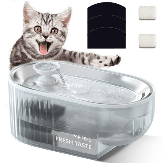 Cat Water Fountain + Stainless Steel Tray + 3 Filters + 2 Sponges - 84oz/2.5L Automatic Pet Water Fountain Dog Water Dispenser with a Stainless Steel Tray Easy Cleaning for Cats Dogs - White