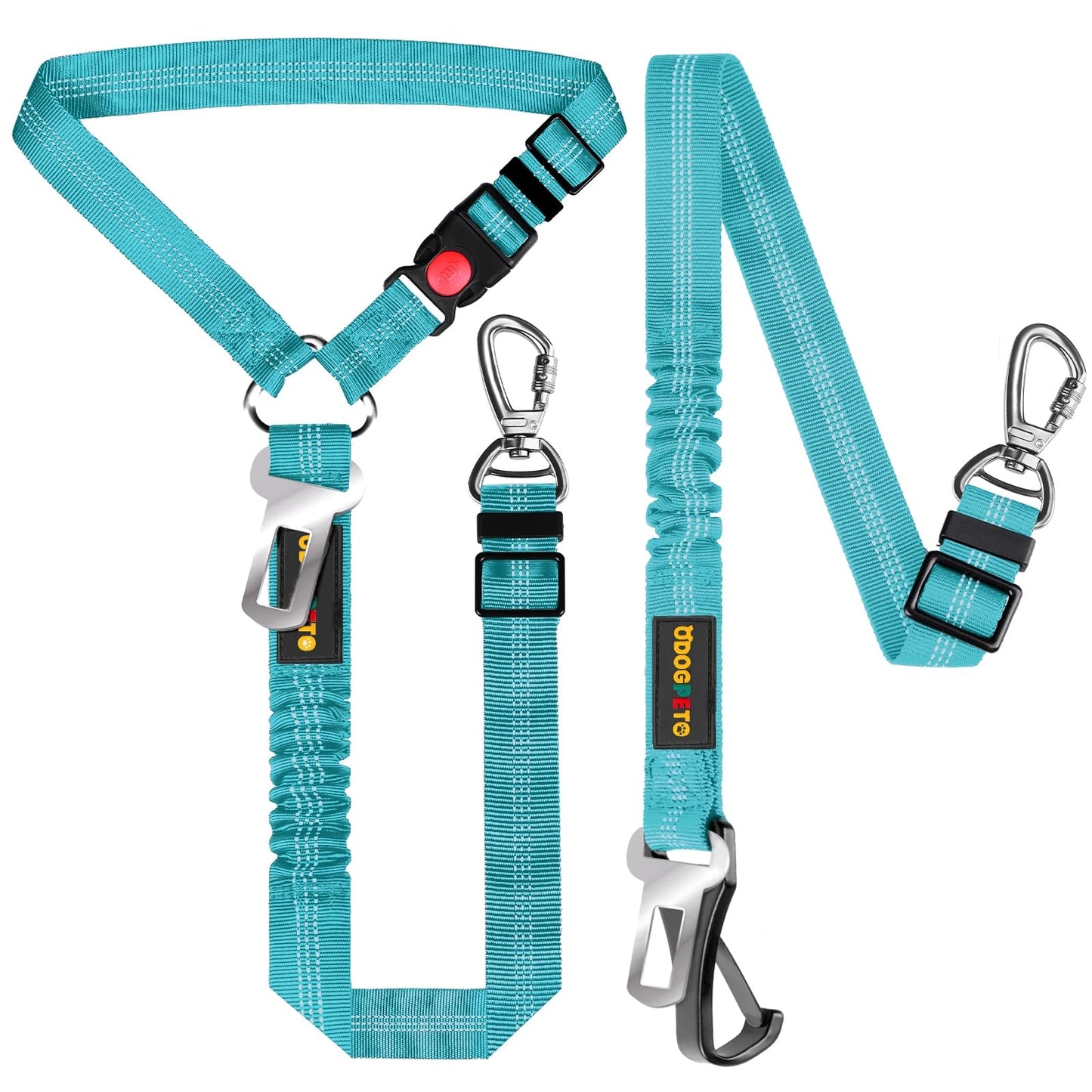 ODOGPETO Dog Seat Belt for Car Adjustable 4-in-1 Dog Car Seatbelt Leash with Hook & Buckle Reflective Dog Seatbelt Harness for Car with Vehicle Car Headrest & Swivel Carabiner and Poop Bag Sky Blue